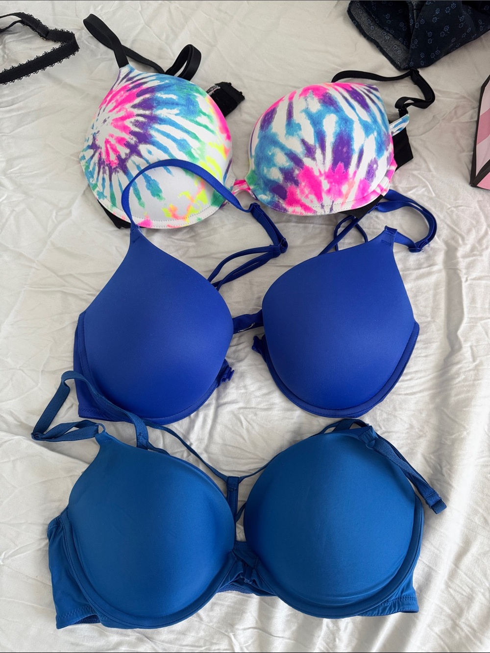 Victoria’s Secret PINK Royal cobalt Blue strappy back front close bras 36D x 2